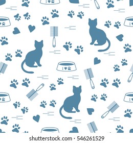 Nice pattern of silhouette sitting cat, traces, hearts, bowl and comb need for cat hair. Design for banner, flyer, poster or print. 