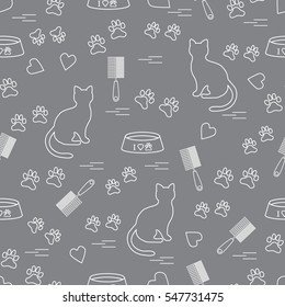 Nice pattern of silhouette sitting cat, traces, hearts, bowl and comb need for cat hair. Design for banner, flyer, poster or print. 