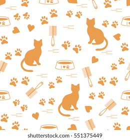 Nice pattern of silhouette sitting cat, traces, hearts, bowl and comb need for cat hair. Design for banner, flyer, poster or print. 