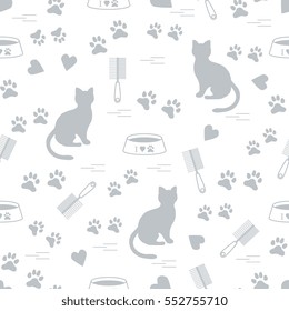 Nice pattern of silhouette sitting cat, traces, hearts, bowl and comb need for cat hair. Design for banner, flyer, poster or print. 