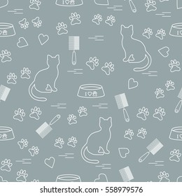Nice pattern of silhouette sitting cat, traces, hearts, bowl and comb need for cat hair. Design for banner, flyer, poster or print. 