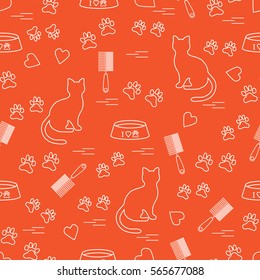 Nice pattern of silhouette sitting cat, traces, hearts, bowl and comb need for cat hair. Design for banner, flyer, poster or print. 
