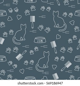 Nice pattern of silhouette sitting cat, traces, hearts, bowl and comb need for cat hair. Design for banner, flyer, poster or print. 