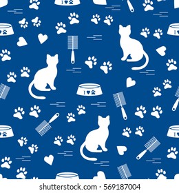 Nice pattern of silhouette sitting cat, traces, hearts, bowl and comb need for cat hair. Design for banner, flyer, poster or print. 