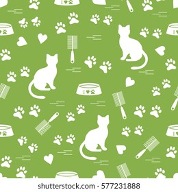 Nice pattern of silhouette sitting cat, traces, hearts, bowl and comb need for cat hair. Design for banner, flyer, poster or print. 