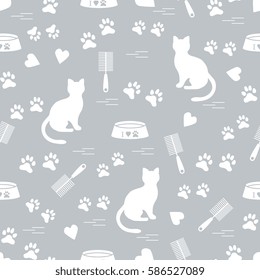 Nice pattern of silhouette sitting cat, traces, hearts, bowl and comb need for cat hair. Design for banner, flyer, poster or print. 