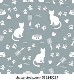 Nice pattern of silhouette sitting cat, traces, hearts, bowl and comb need for cat hair. Design for banner, flyer, poster or print. 