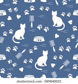 Nice pattern of silhouette sitting cat, traces, hearts, bowl and comb need for cat hair. Design for banner, flyer, poster or print. 
