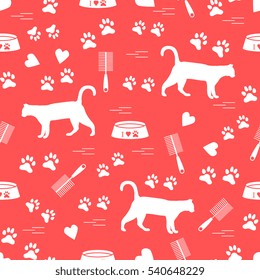 Nice pattern of silhouette walking cat, traces, hearts, bowl and comb need for cat hair. Design for banner, flyer, poster or print. 