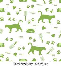 Nice pattern of silhouette walking cat, traces, hearts, bowl and comb need for cat hair. Design for banner, flyer, poster or print. 