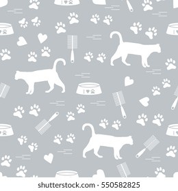 Nice pattern of silhouette walking cat, traces, hearts, bowl and comb need for cat hair. Design for banner, flyer, poster or print. 