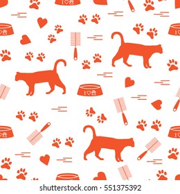 Nice pattern of silhouette walking cat, traces, hearts, bowl and comb need for cat hair. Design for banner, flyer, poster or print. 