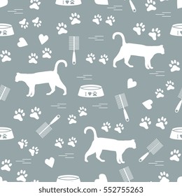 Nice pattern of silhouette walking cat, traces, hearts, bowl and comb need for cat hair. Design for banner, flyer, poster or print. 