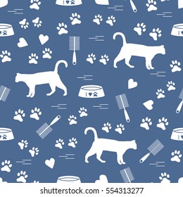 Nice pattern of silhouette walking cat, traces, hearts, bowl and comb need for cat hair. Design for banner, flyer, poster or print. 