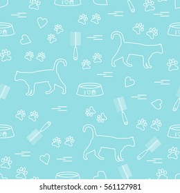 Nice pattern of silhouette walking cat, traces, hearts, bowl and comb need for cat hair. Design for banner, flyer, poster or print. 