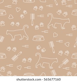 Nice pattern of silhouette walking cat, traces, hearts, bowl and comb need for cat hair. Design for banner, flyer, poster or print. 