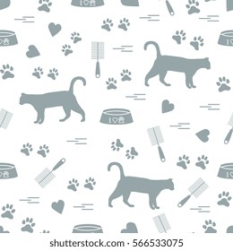 Nice pattern of silhouette walking cat, traces, hearts, bowl and comb need for cat hair. Design for banner, flyer, poster or print. 