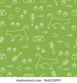 Nice pattern of silhouette walking cat, traces, hearts, bowl and comb need for cat hair. Design for banner, flyer, poster or print. 