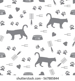 Nice pattern of silhouette walking cat, traces, hearts, bowl and comb need for cat hair. Design for banner, flyer, poster or print. 