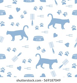 Nice pattern of silhouette walking cat, traces, hearts, bowl and comb need for cat hair. Design for banner, flyer, poster or print. 
