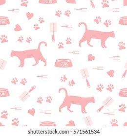 Nice pattern of silhouette walking cat, traces, hearts, bowl and comb need for cat hair. Design for banner, flyer, poster or print. 