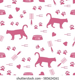 Nice pattern of silhouette walking cat, traces, hearts, bowl and comb need for cat hair. Design for banner, flyer, poster or print. 