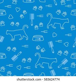 Nice pattern of silhouette walking cat, traces, hearts, bowl and comb need for cat hair. Design for banner, flyer, poster or print. 