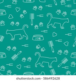 Nice pattern of silhouette walking cat, traces, hearts, bowl and comb need for cat hair. Design for banner, flyer, poster or print. 