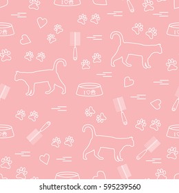 Nice pattern of silhouette walking cat, traces, hearts, bowl and comb need for cat hair. Design for banner, flyer, poster or print. 