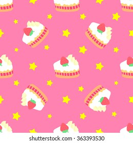 Nice pattern with strawberry cakes and stars on a pink background.