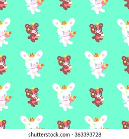 Nice pattern in the style of Lolita with teddy bears and bunny on a green background.