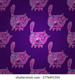 Nice pattern for textile, packaging, Wallpapers, scrapbooking. Tracery on black, purple and violet colours. Endless. Vector. Seamless pattern cats. Sketch, doodle, scribble. Cats in various poses.