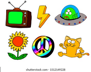 A nice pattern with a TV, a cat, a UFO with an alien, a sunflower, the symbol of peace and lightning