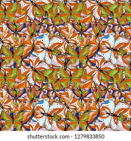 Nice pattern for wrapping paper vector. Doodles white, black and orange on colors. Seamless pattern Sketch cute background.