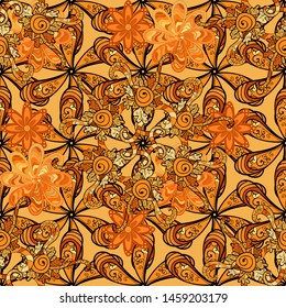 Nice pattern for wrapping paper vector. Doodles orange, black and yellow on colors. Seamless pattern Sketch cute background.