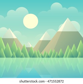 Nice peaceful and light vector illustration of a lake. Woody mountains on the horizon reflecting in the water. Calm blue sky with light clouds. EPS10 vector image.