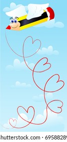 A nice pencil drawing winged into the sky so many red hearts, vector