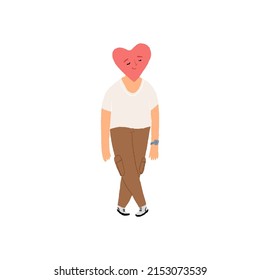 A nice person with a heart head. Kindness, deep feeling, tender soul, humaneness, sensitiveness concept. Vector isolated flat character illustration.