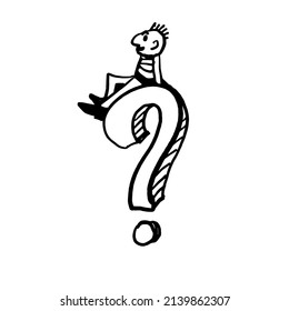 a nice person is sitting on a question mark. A hand-drawn drawing. Doodle vector flat illustration