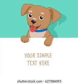 Nice Pet Vector. Cute Dog Holding A White Blank Board, Card Or Banner. Cartoon Puppy Above A Blank Sign.