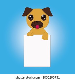 Nice Pet Vector. Cute Pug Dog Holding A White Blank Board, Card Or Banner. Cartoon Puppy Above A Blank Sign