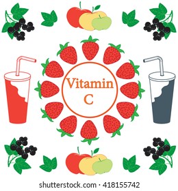 Nice picture of apples, strawberries, black currants and juice rich in vitamin C on a white background