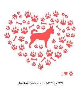 Nice picture of chihuahua silhouette on a background of dog track in the form of heart on a white background.