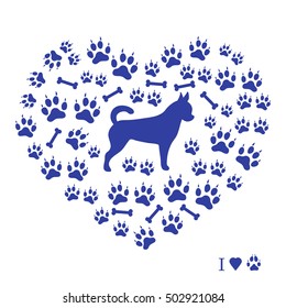 Nice picture of chihuahua silhouette on a background of dog track in the form of heart on a white background.