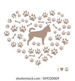 Nice picture of chihuahua silhouette on a background of dog track in the form of heart on a white background.
