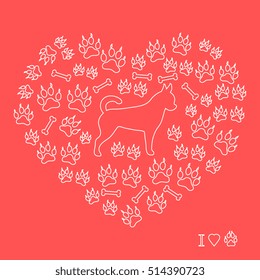 Nice picture of chihuahua silhouette on a background of dog track in the form of heart on a colored background.