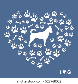 Nice picture of chihuahua silhouette on a background of dog track in the form of heart on a colored background.