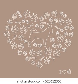 Nice picture of chihuahua silhouette on a background of dog track in the form of heart on a colored background.