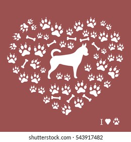 Nice picture of chihuahua silhouette on a background of dog track in the form of heart on a colored background.