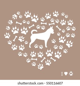 Nice picture of chihuahua silhouette on a background of dog track in the form of heart on a colored background.